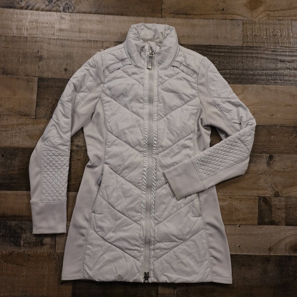 Athleta Rock Ridge Coat Women’s Small Light Gray Quilted Long Jacket